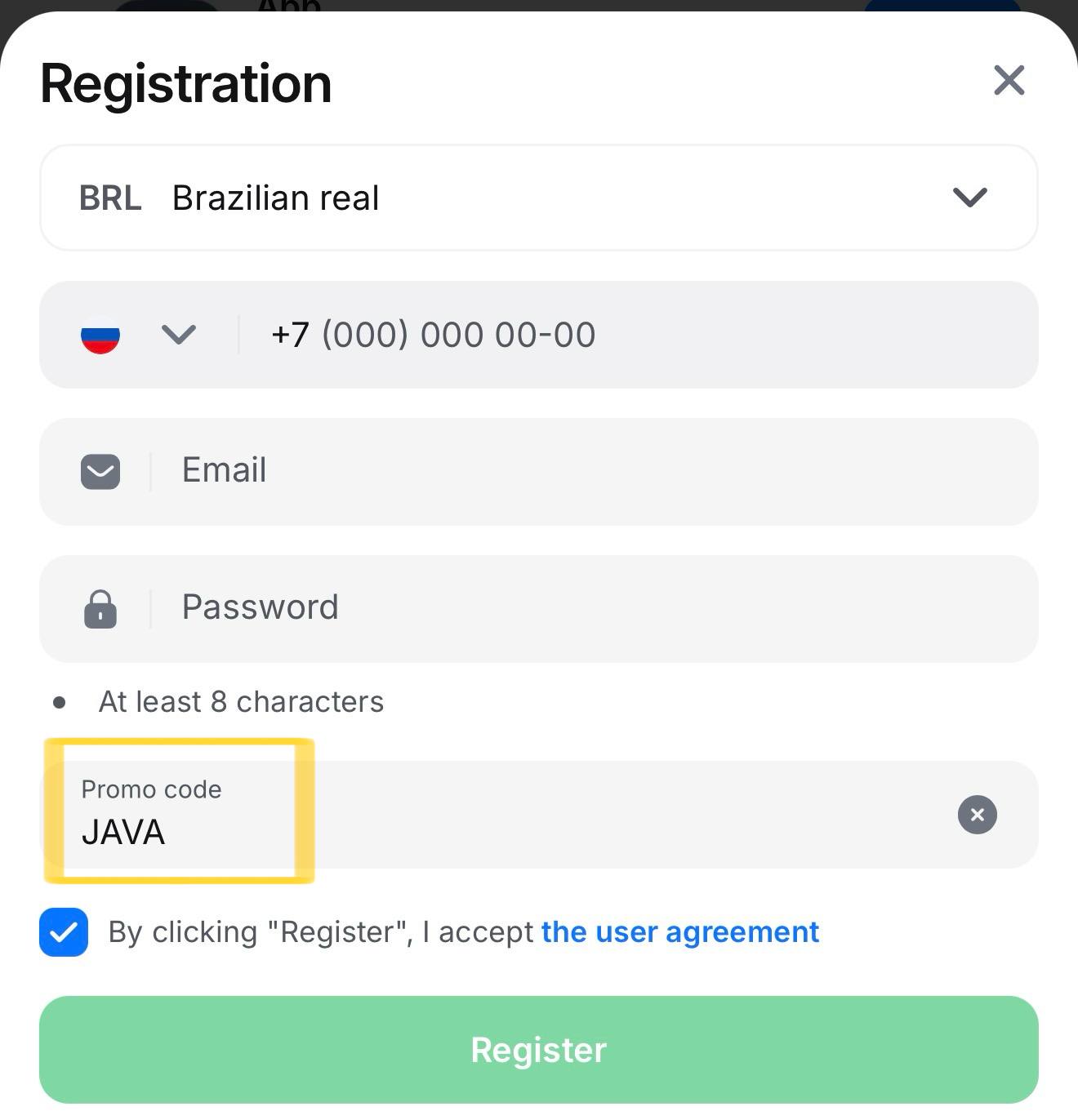 How to add promo code during registration (press the button, then enter JAVA)